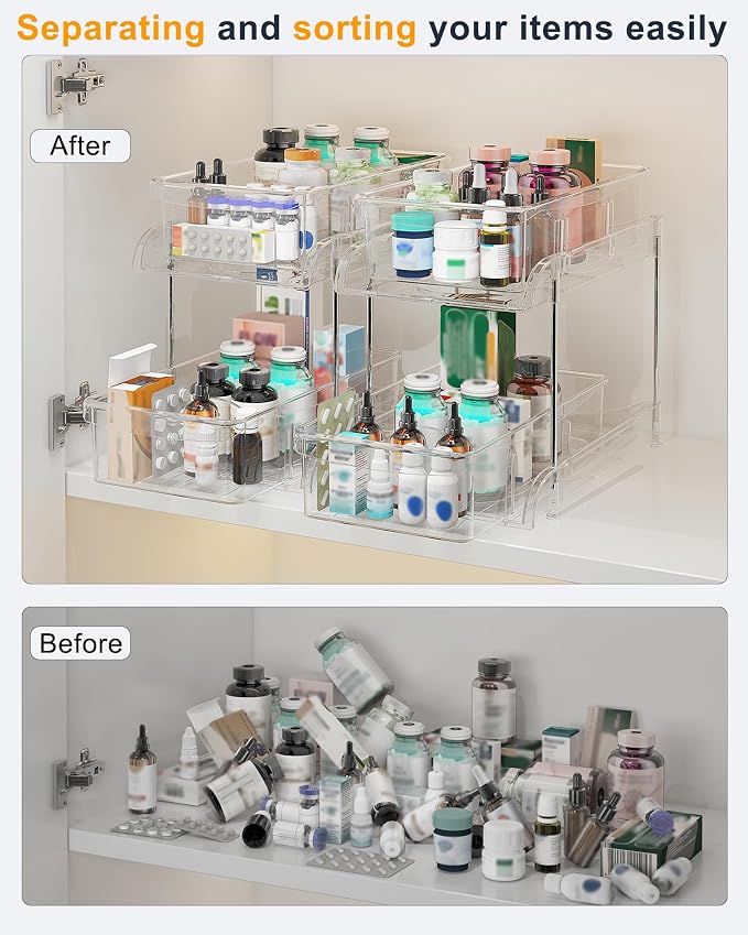 Sevenblue 2-Pack 2-Tier Under Sink Organizers with Sliding Drawers | Multi-use kitchen & bathroom storage, 10.6 inch clear cabinet organizer, space-saving sliding drawer design.