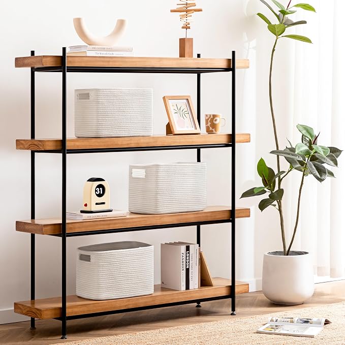 4 Pack Storage Baskets for Organizing, Shelf Baskets with Handles, White | 14.5"Lx9.8"Wx9"H, Woven Basket, Cotton Rope Basket, Toy Storage, Cube Shelf, Gift Baskets Empty, Home Decor