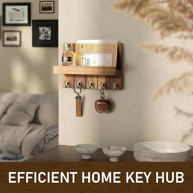 Rebee Vision Acacia Wood Key Holder Wall Mount with Shelf Home Decor, Brown | 3.54'' x 10'' x 7.28'', Floating Shelf, Plant Display, Key and Mail Holder for Wall, Rustic Accent for Apartment Storage