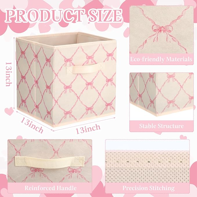 6 Pcs Beige Bow Cube Storage Bins 13 Inch Storage Basket with Handle, Girls Organizer Basket, Collapsible Fabric Box for Classroom Bedrooms Office Home Decoration Gift