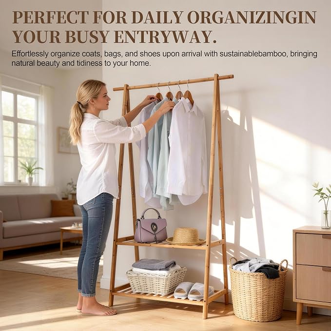 Finnhomy Bamboo Clothes Rack Portable Extra Large Garment Rack 2-Tire Storage Box Shelves For Entryway and Bed Room Patented Design