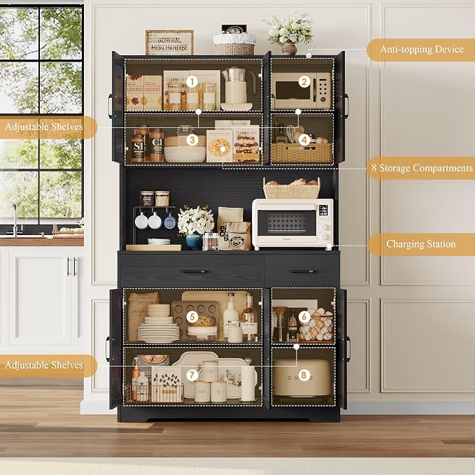 HOSTACK 71" H Kitchen Pantry Storage Cabinet,Farmhouse Hutch Cabinet, Black | Space-Saving Pantry Cabinet with Charging Station & 2 Large Drawers & Adjustable Shelves, Tall Kitchen Hutch for Dining Room
