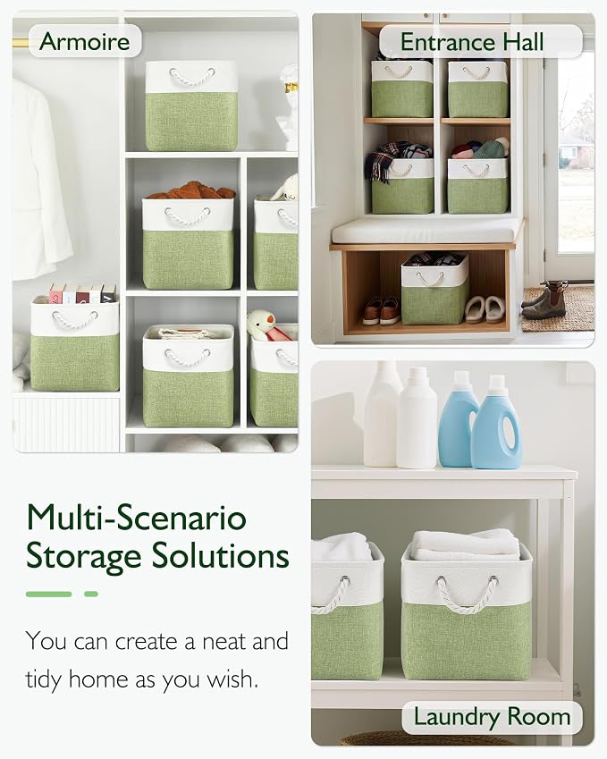 Patvingot 13-Inch Fabric Cube Storage Bins with Handles,4 Pack,Foldable | For cube shelves and closets,keeps grouped for everyday access,reinforced opening and fold-flat storage,white and green