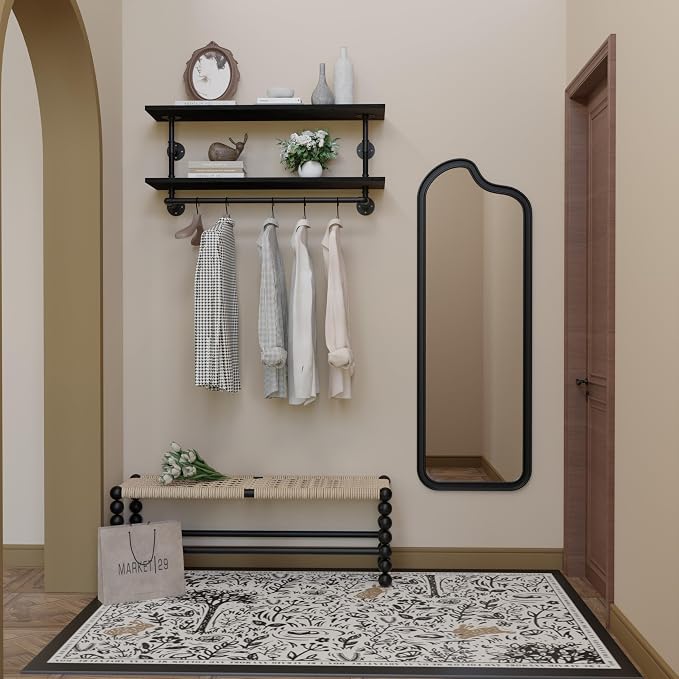 Black Clothes Rack 42in, 2-Tier Wall Mounted Garment Rack with Real Wood Shelf, Heavy Duty Hanging Clothes Rack, Multi-Purpose Hanging Rod, Space-Saving Closet Storage