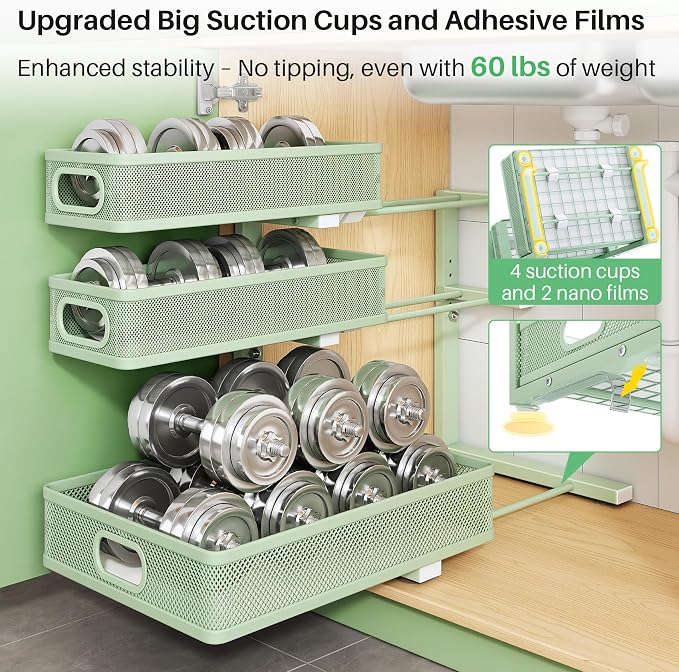 Kitstorack Under Sink Organizer, 1-Pack 3-Tier Height Adjustable Thickened Metal Pull out Cabinet Organizer Shelf, Slide out Storage Drawer Rack for Bathroom Kitchen Pantry Home Organization, Green