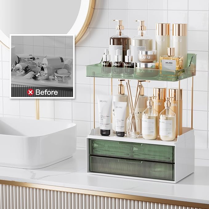 Delamu 4-Tier Makeup Organizer, Bathroom Counter Storage, 2 Drawers,Green | Elegant Vanity Organizer Gift for Women, Holds Perfume, Skincare, Nail Polish & Hair Accessories for Bathroom Countertop