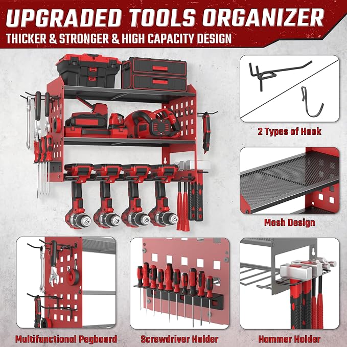 SUNALLY Power Tool Organizer, Wall Mount Garage Tools Storage Rack, Red | Metal Tool Storage Rack with 4 Drill Holders, Heavy Duty Power Tool Shelf for Garage,Warehouse,Workshop, Gift for Men,Husband