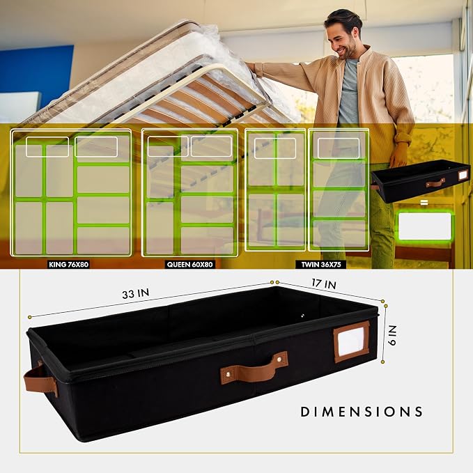 2pc Under Bed Storage Containers, Bedroom Under the Bed Drawer Storage Organizer with Bins and Lids, Large Underbed Clothes Storage Box Ideal for Blanket, Fabric, & Shoes (Black)