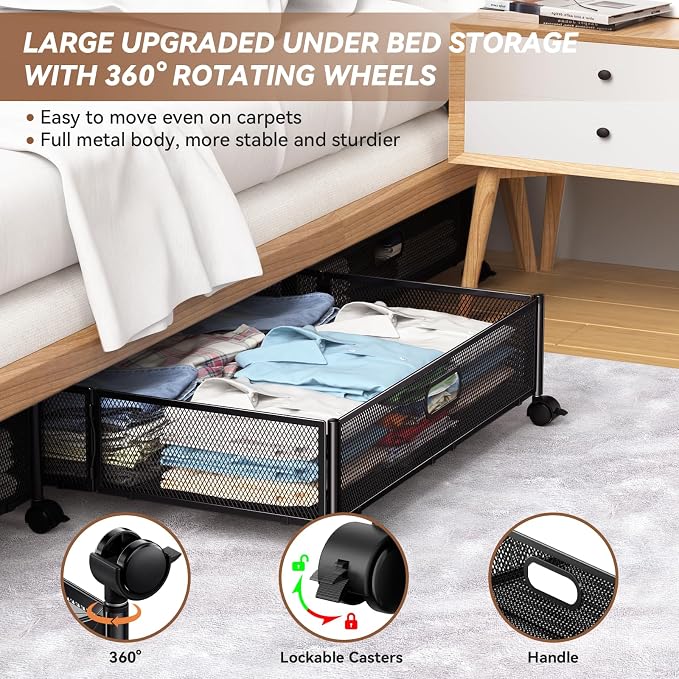 PHINOX Under Bed Storage with Wheels & Handle,Metal,Large,2 Pack,Black | Tool-free assembly, glide smoothly, easy reach, foldable, maxmazie low-profile beds, dorm, keep seasonal clothes, shoes fresh