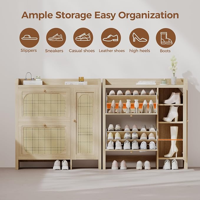 Shoe Cabinet Storage for Entryway with 2 Flip Drawers(3-Tier), Rattan Freestanding with Door & 3 Adjustable Shelve,Hidden Shoe Rack Organizer for Hallway, Foyer
