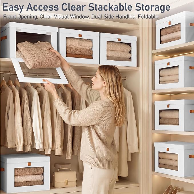 DIMJ Storage Bins with Lids - 6 Pack Front Opening Stackable Fabric Storage Boxes with Clear Window & Handles, Collapsible Closet Organizers for Clothes, Sweaters, Shelf Storage, Bedroom, White