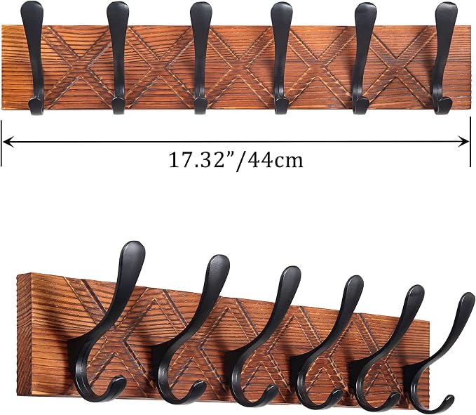 SKOLOO Coat Rack Wall Mount - Antique Wooden Carved- X Cross Coat Hook,Pack of 2, Wall Coat Hanger with 6 Hooks for Hanging Coats, Hats, Clothing, Scarfs, Brown & Black