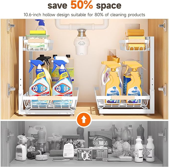 Sevenblue 2-Pack 2-Tier Height Adjustable Under Sink Organizer & Storage | Multi-purpose storage for kitchen & bathroom cabinet. Extra Large white shelf, height adjustable design for space-saving.