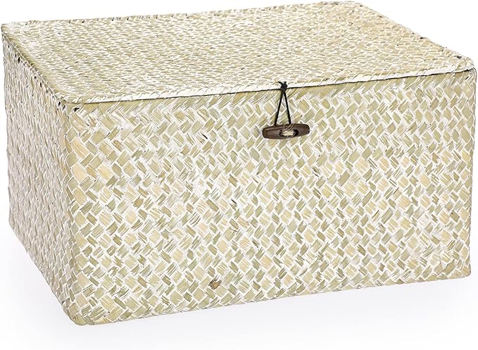 Hipiwe Wicker Shelf Baskets Bin with Lid, Large Seagrass Basket Storage Box | Handwoven Natural Baskets for Shelf Organizer, Rectangular Household Basket Boxes for Home Decor, Whitewash