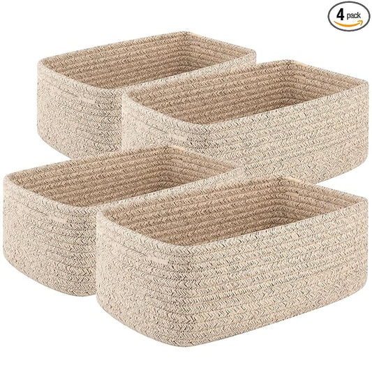 OIASKET 4 Pack Small Storage Shelf Baskets for Organizing, Mini Woven Rope Storage Bins for Towels, Cute Decorative Closet Organizer，Baby Nursery, Gift Empty Baskets -14.17''Lx11.02''Wx6.3''H-White