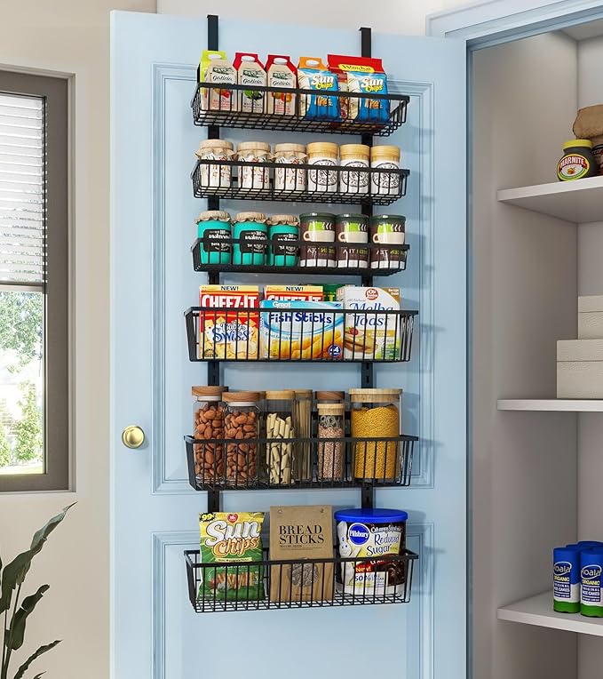 Mefirt Over The Door Pantry Organizer, 6-Tier Black Deep Baskets | Pantry Hanging Organizers and Storage, Adjustable Heavy-Duty Metal for Home & Kitchen, Back of Door Seasoning Rack