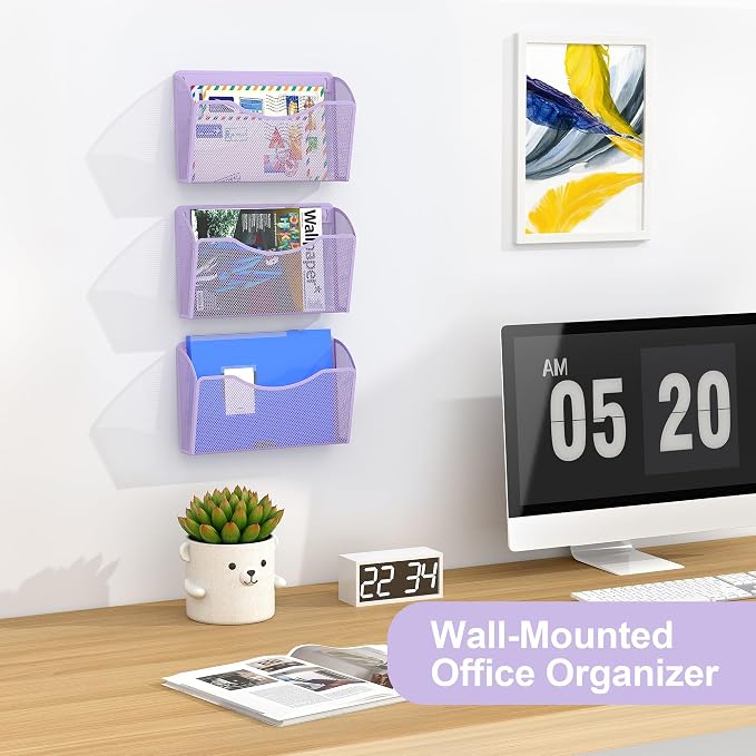 EasyPAG 3 Pack Wall File Organizer, Metal Mesh Hanging File Folder Holder for Letter/A4 Size Folders, Vertical Wall Mount Mail Sorter for Office Paperwork, Classroom, Purple