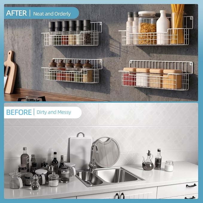 Spice Rack Wall Mount 4 Pack, Metal Wall Mounted Spice Rack Organizer for Cabinet Door & Pantry, Space-Saving Kitchen Spice Rack Shelf, White
