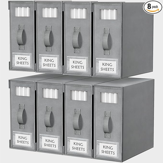 Criusia Bed Sheet Organizers and Storage, 8 Pack Foldable Linen Closet Organizer Box – Bedding Holder for Sheet Set (King/Queen Sizes), Duvet Covers, Blankets (Grey)