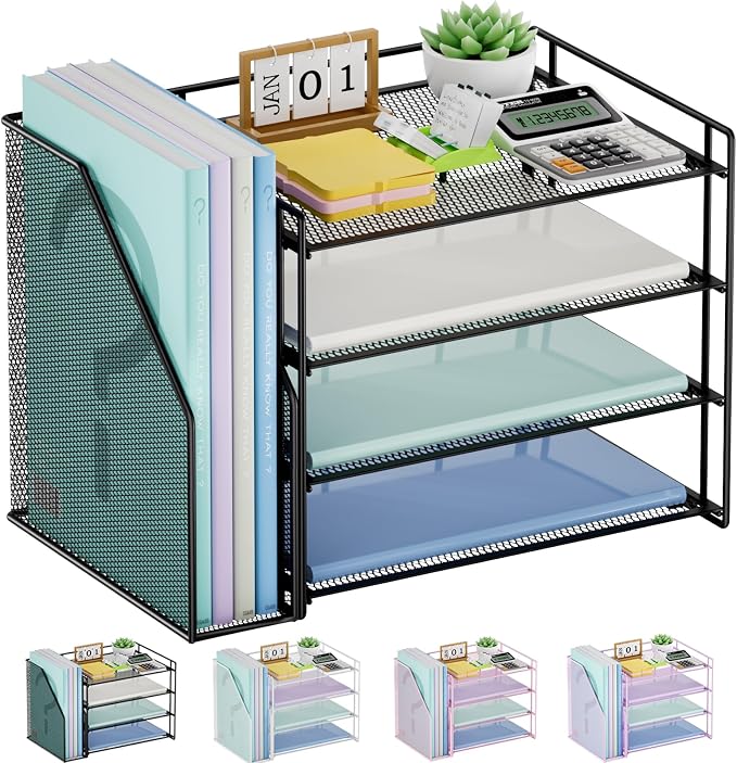 Marbrasse 4-Tier Paper Tray Organizer with File Holder, Black | Sturdy Paper Tray, Built-in File Holder, fits Letters/Docs, Saves Desk Space, for School/Office/Home