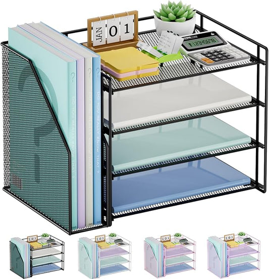 Marbrasse 4-Tier Paper Tray Organizer with File Holder, Black | Sturdy Paper Tray, Built-in File Holder, fits Letters/Docs, Saves Desk Space, for School/Office/Home