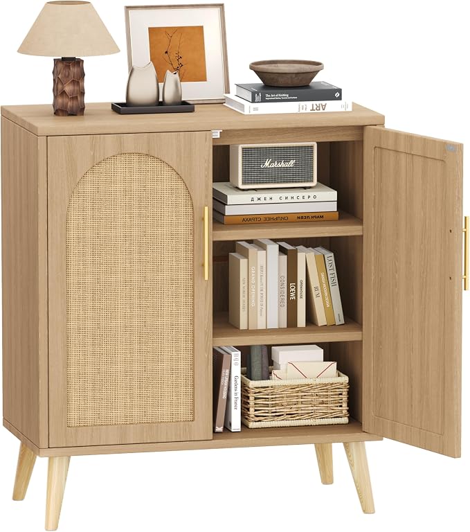 Keehusux 15.7" D Rattan Storage Cabinet with 2 Doors & Adjustable Shelf | Accent Buffet Sideboard Cabinet with Solid Wood Legs, Coffee Bar for Kitchen, Living Room, Entryway, Natural Oak
