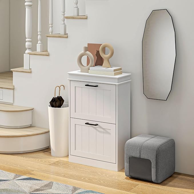 HOMCOM Narrow Shoe Cabinet with 2 Flip Drawers, Modern, for Entryway, White | Freestanding Small Shoe Storage Cabinet, Adjustable Shelves, Hallway