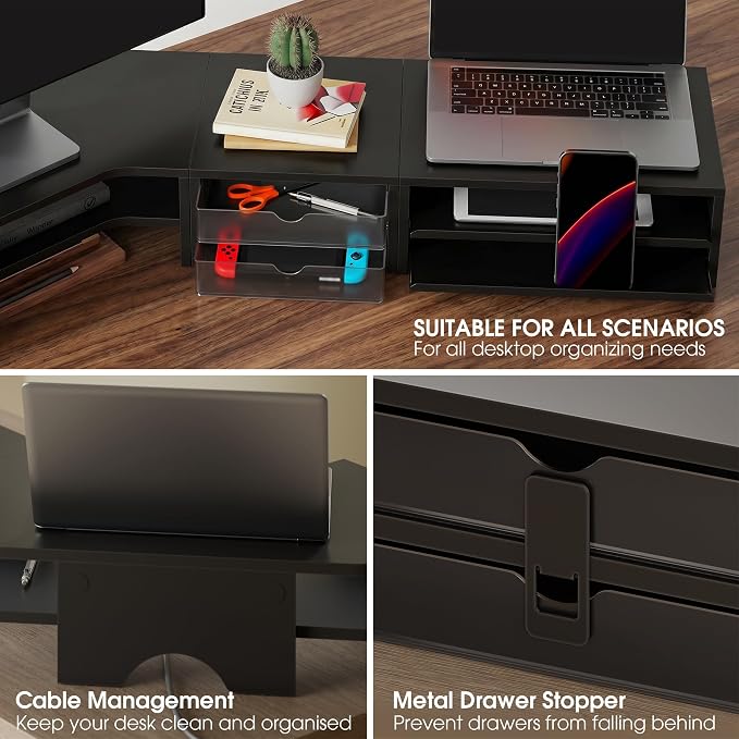 Fenge Dual Monitor Stand, Corner Desk Shelf with Drawer & Slide-Out Tray | Modular Design for Flexible Layouts, 2-Tier Storage Desktop Organizer for Computer, Laptop, Printer and Telephone