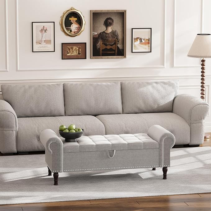 Apicizon 51” Bench with Storage, Upholstered Tufted Button Bedroom Bench with Storage, Linen Ottoman Bench for Bedroom, Living Room, Entryway, Light Gray