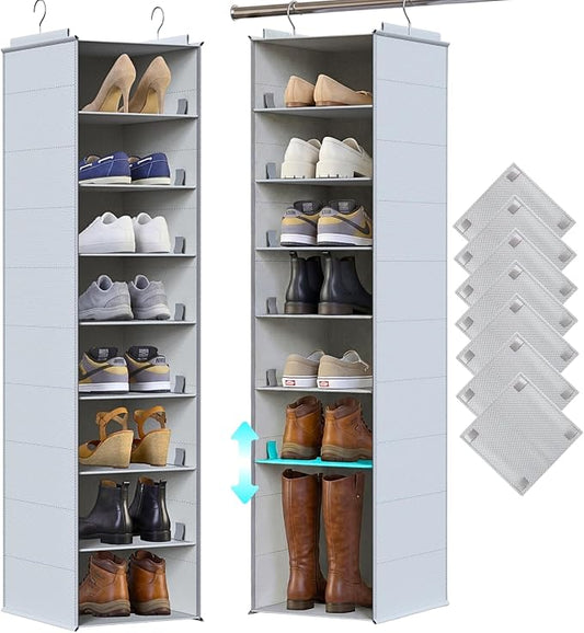 Hanging Shoe Organizer for Closet, 8 Tier Extra Wide Closet Shoe Organizer | Adjustable Shelf Height for Boots and Shoes, Heavy Duty Hanging Shoe Rack for Closet Rod, Space-Saving Shoe Storage Organizer
