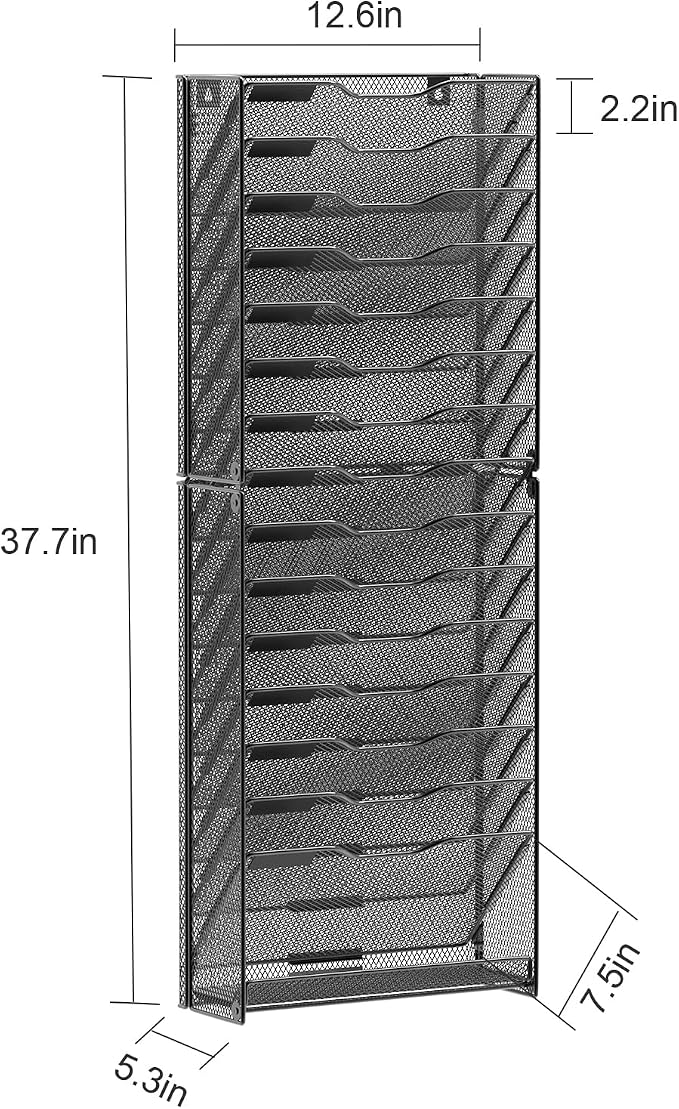 samstar 16 Tier Wall File Organizer Hanging Wall File Holder Wall Mount Paper Folder Organizer, Magazine Rack, Mesh Made,Black