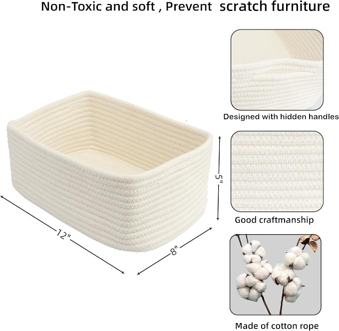 XUANGUO Small Woven Storage Baskets for Shelves, 12" x 8" x 5", White | Decorative rope storage bins for closets and toy storage; cute organizer baskets, empty gift baskets and nursery storage.