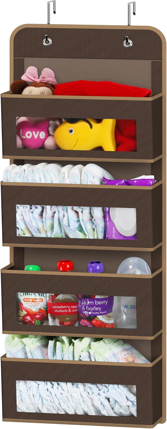 Simple Houseware 4 Clear Window Pocket Over Door Hanging Organizer, Brown | Over the Door Storage for Closet, Bedroom, Bathroom, Pantry