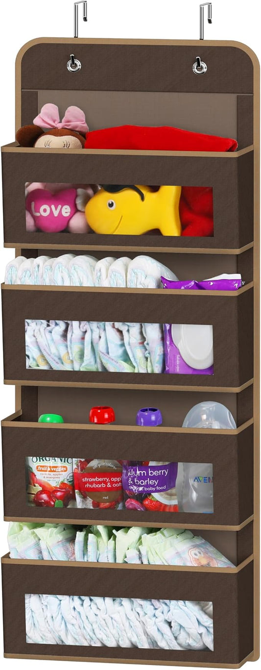 Simple Houseware 4 Clear Window Pocket Over Door Hanging Organizer, Brown | Over the Door Storage for Closet, Bedroom, Bathroom, Pantry