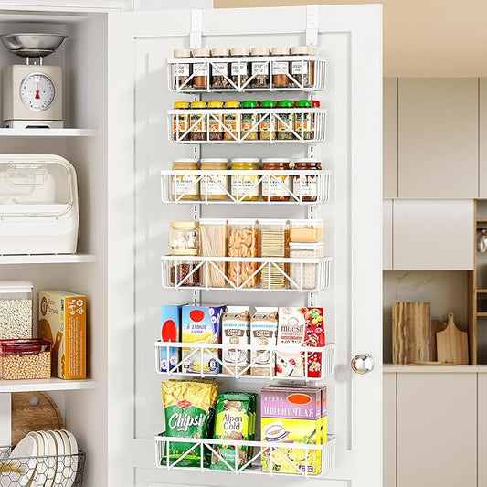 Delamu Adjustable Over the Door Pantry Organizer, 6-Tier Metal Pantry Organization and Storage for Kitchen, Hanging Spice Rack Seasoning Shelves, Cabinet Door Organizer for Easy Install, 16"