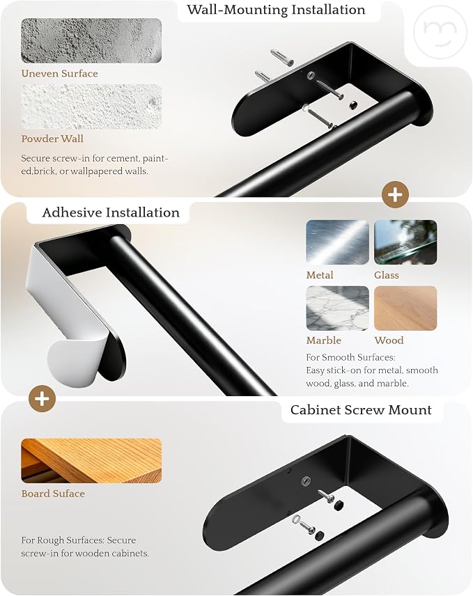 Paper Towel Holder Under Cabinet Adhesive or Drilling Matte Black | Drill Wall Mount or Adhesive, Easy Roll Loading, Heavy Duty, Stainless Steel Paper Towel Roll Rack for Kitchen, Bathroom