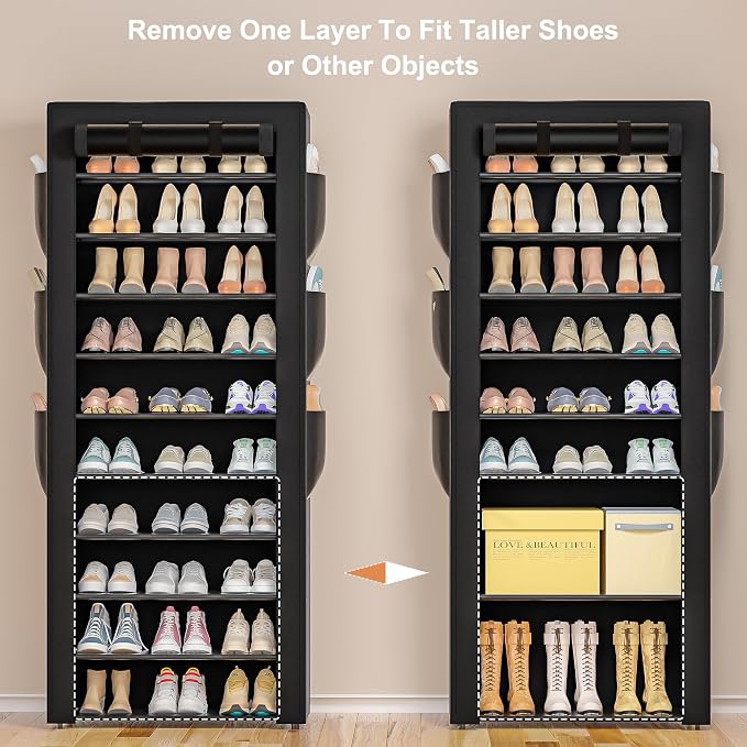OYREL Large Shoe Rack, Black, 6 Side Pockets, 23.6" Wide x 11.4" Deep x 68.9" Tall, 36-41 Pairs of Shoes | Space Saving Fabric Cover Shoe Organizer Shelf for Closet, Bedroom, Garage, Entryway, Narrow Free Standing Cabinet Holder