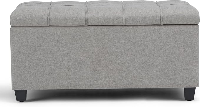 SIMPLIHOME Shiloh 48" Wide Vegan Leather Ottoman in Chestnut Brown | Transitional ottoman with tufting and lift-up lid; rectangle storage bench for living room or entryway.