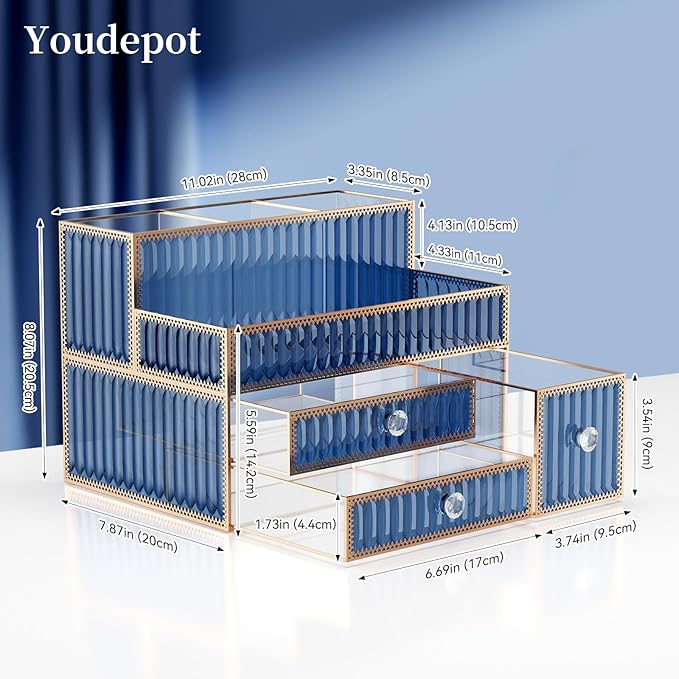 Youdepot Blue Tempered Glass Makeup Organizer | Vanity Organizer for Cosmetics, Skincare, Hair Tools, Brushes, Perfume, Multipurpose Bathroom Counter Skincare Organizer