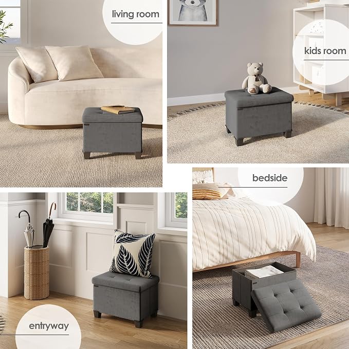 Storage Ottoman Cube with Small Bin, 16-in Square Ottoman with Storage for Living Room and Bedroom, Small Ottomans Foot Rest, Velvet Foot Stools Ottomans Max 330lbs, Grey