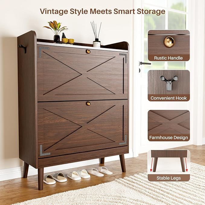YZ HOME Shoe Storage Cabinet with 2 Flip Drawers | Entryway Shoe Cabinet, Metal Hooks & Adjustable Shelves, Freestanding Narrow Shoe Rack for Hallway Foyer, Brown