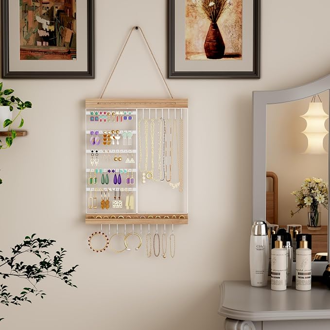 Feyejade Hanging Jewelry Organizer and Storage, 5-Tier White Earring Necklace Holder Jewelry Display Organizer Stand Rack, Wall Mounted for Earrings Necklaces Bracelets and Rings, White
