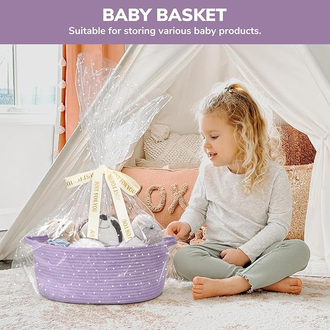 CHICVITA Large Gift Basket Empty with Bags & Ribbon for Baby Shower, Purple | 13.6"x 10" x 6" Woven Gift Basket Empty to Fill for Holiday, Rope Baskets for Organizing, Birthday Basket, Dog Toy Basket