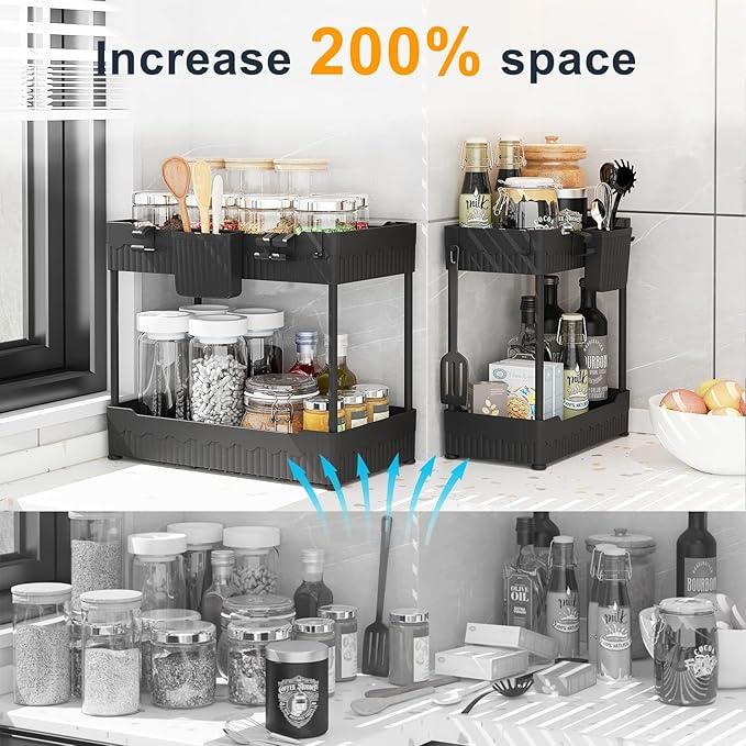 Sevenblue 2 Pack Under Sink Organizer, Under Bathroom Cabinet Organizer with Hooks Hanging Cup, Multi-Purpose Storage Shelf for Kitchen Bathroom, Black | Multi-use kitchen & bathroom storage, 12.8 inch black cabinet organizer, with hooks and hanging cu...