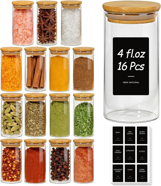 ComSaf Glass Spice Jars 4oz 16 Pack, Small Seasoning Containers with labels | Round Spice Jars with 54 Labels, Kitchen, Spice Rack Organization, Loose Tea, Herbs, Powders, Salt,Chili, Dry Goods, BPA Free