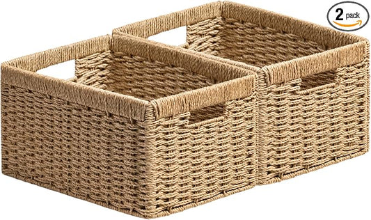 UBBCARE 2 Pack Wicker Basket, 13.4L×8.3H×7.1W inch Woven Paper Rope Storage Baskets for Shelves, Foldable Rectangular Storage Baskets with Handle, Storage Basket for Organizing, Natural