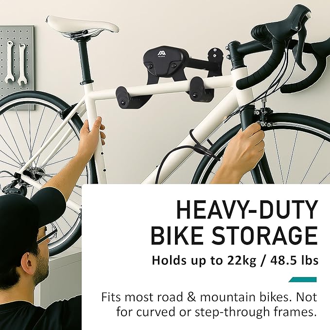 Buffalo Bike Wall Mount Rack – Adjustable Heavy-Duty Horizontal Indoor Hanger for Road, Mountain & Hybrid Bikes up to 48.5 lbs / 22 kg, Space-Saving Garage & Apartment Storage