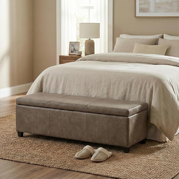 SIMPLIHOME Avalon Storage Ottoman Bench - 48" Wide x 16" High Upholstered Vegan Leather Rectangular Lift-Top Ottoman in Distressed Smoky Grey Brown, Transitional Storage Bench with High-Density Foam