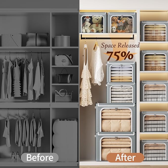 Yecaye Clothes Storage Bins with Metal Frame, Foldable Clothing Storage Bin with Lid, Stackable Oxford Fabric Organizer Box With Clear Window & Zippers & PU Leather Handles (6 Pack,Grey,40L)