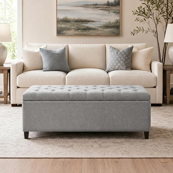 Madison Park 49" Upholstered Storage Bench, Button Tufted End of Bed Bench with Storage, Dual Spring Soft-Close Lid, Bedroom Bench for Queen King Bed, Entryway Living Room, Grey